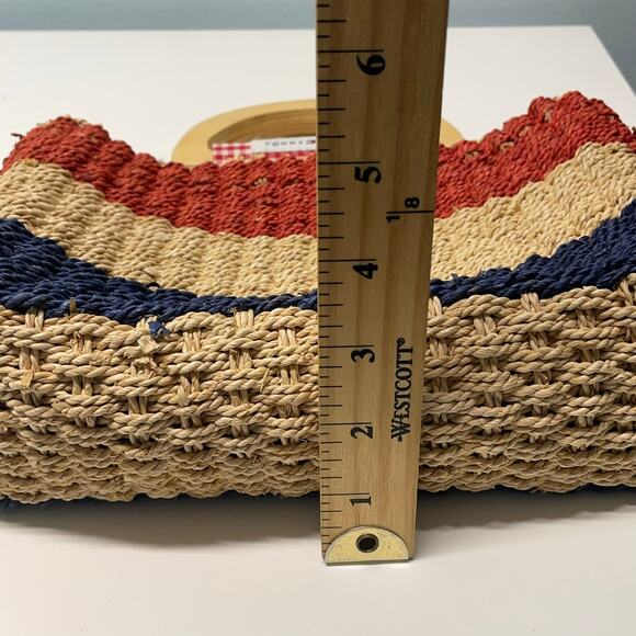 Vintage Tommy Hilfiger Straw Wicker Purse Tote Wooden Handles Lined Red Blue Y2K - Picture 6 of 6